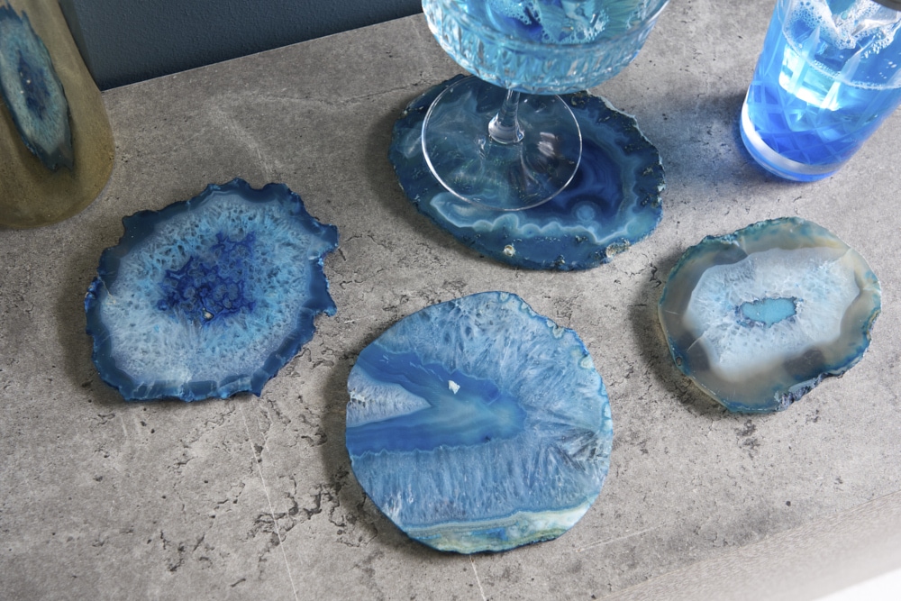 4er Set Untersetzer für Gläser COASTER 10cm blau Edelstein Achat Quarz handmade 4er Set Untersetzer für Gläser COASTER 10cm blau Edelstein Achat Quarz handmade
