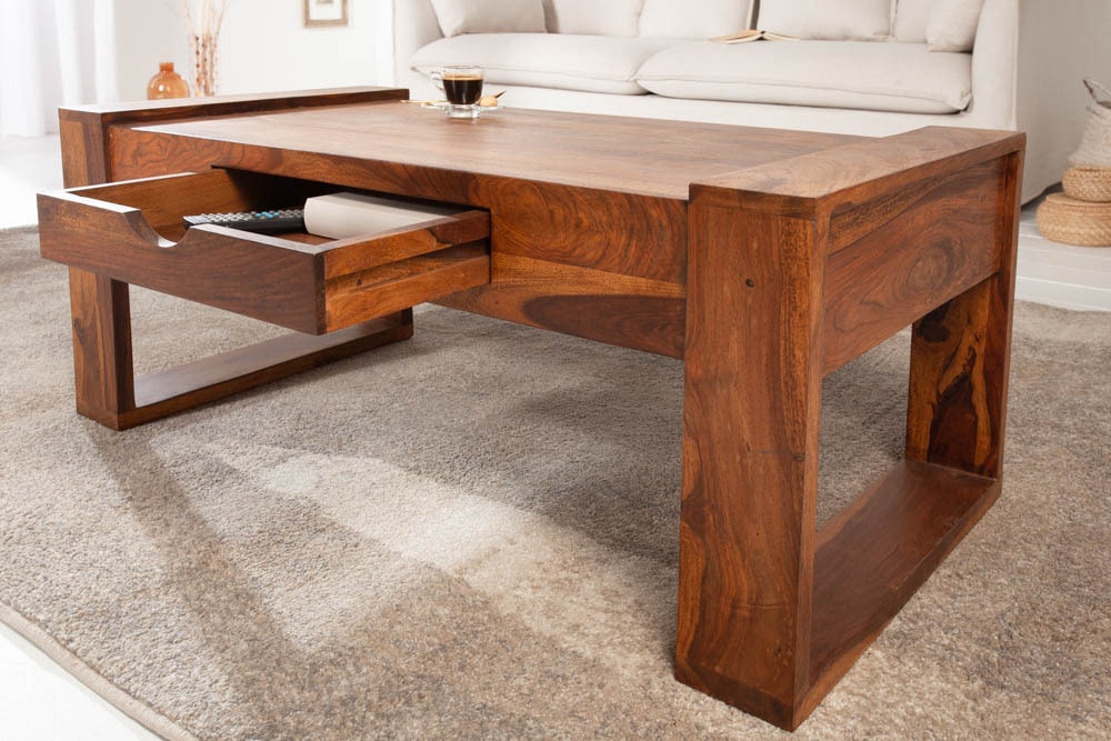Massivholz Couchtisch MARKANT 100cm braun Sheesham stone finish Schublade Stauraum
