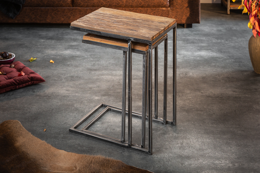 Industrial 2er Set Beistelltische BARRACUDA 45cm Salholz Massivholz geflextes Metallgestell