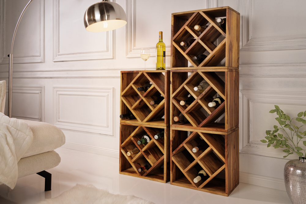 Massivholz Weinregal CUBUS 40cm braun Sheesham stone finish Beistelltisch handmade