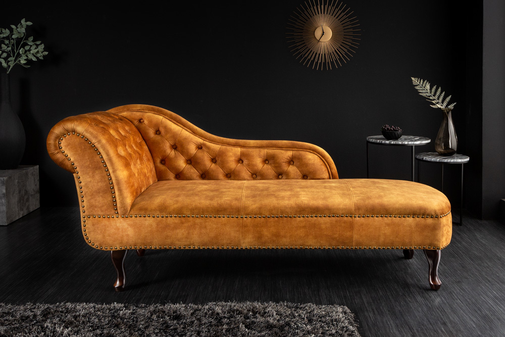 Design Récamière CHESTERFIELD 170cm senfgelb Samt Knopfheftung Nietenbesatz
