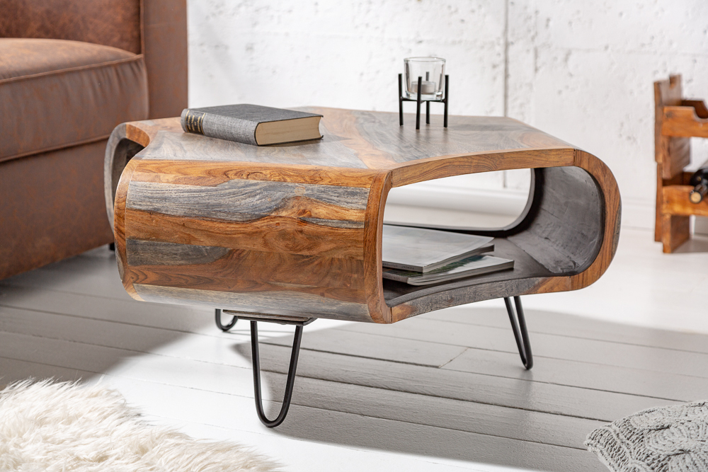 Retro Couchtisch ORGANIC LIVING 80cm grau smoke finish Sheesham Palisander Massivholz Hairpin Legs