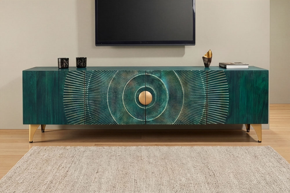 Massives TV-Lowboard GOLDEN SUNSET 180cm türkis 3D-Schnitzereien gold Mangoholz Metall