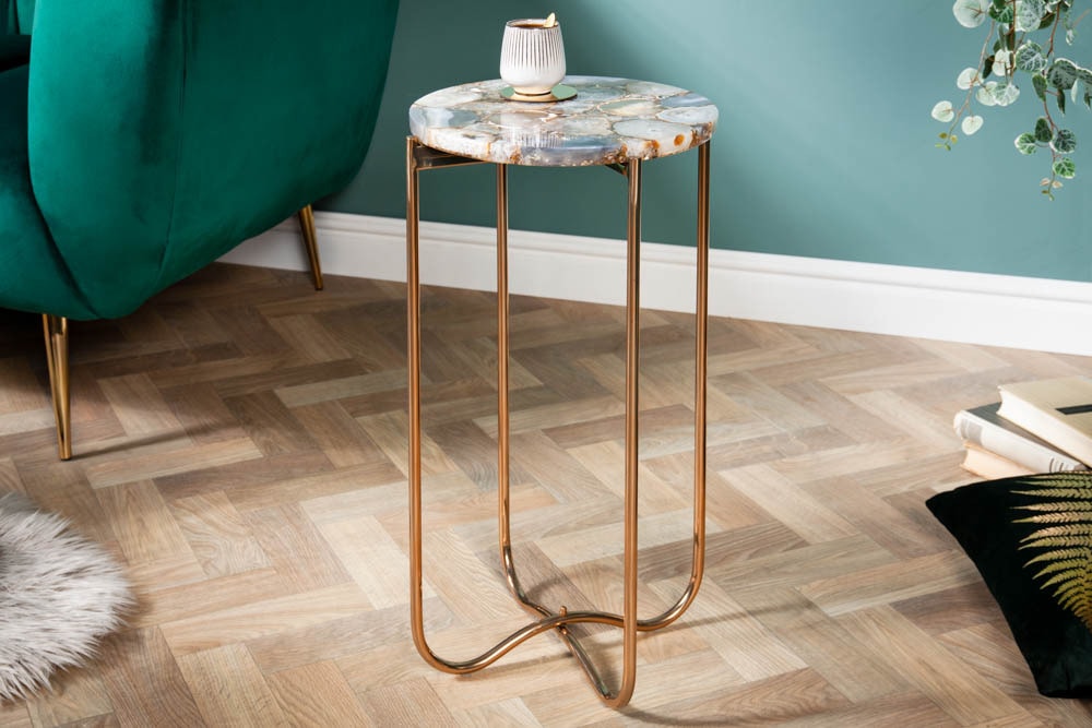 Runder Beistelltisch NOBLE I 35cm Edelstein Achat klappbar goldenes Metallgestell