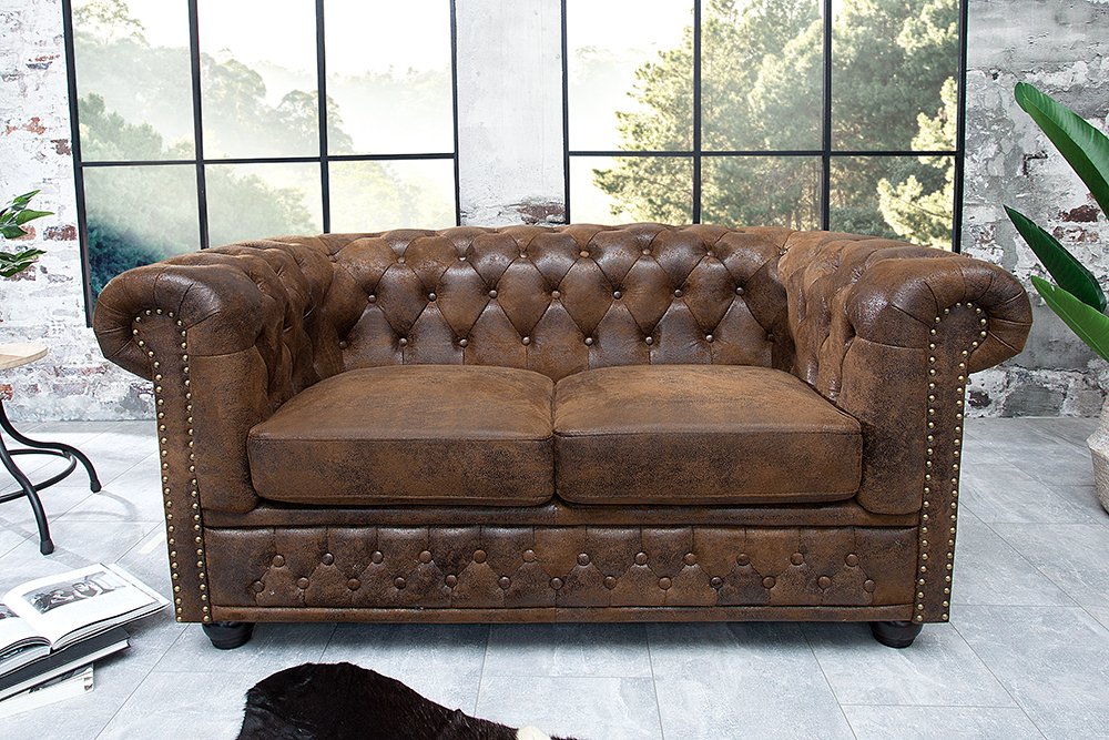Chesterfield 2-Sitzer Sofa 150cm antik braun Microfaser Federkern Knopfheftung