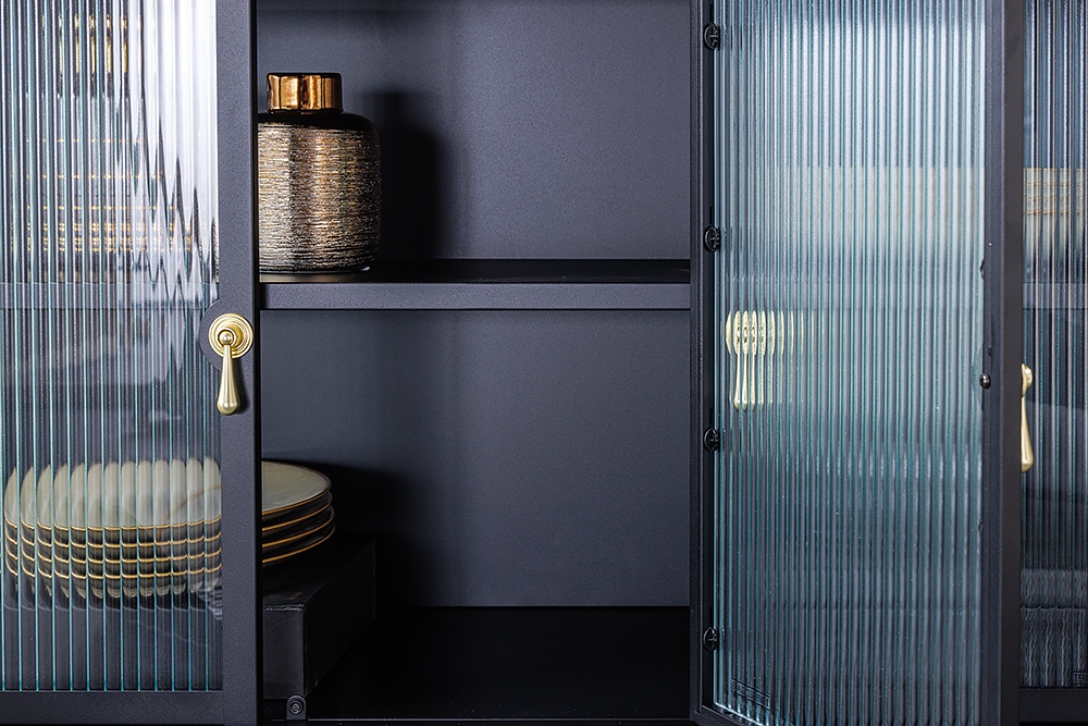 Modernes Sideboard AMSTERDAM 105cm schwarz gold Riffelglas Metall Vitrine Schrank