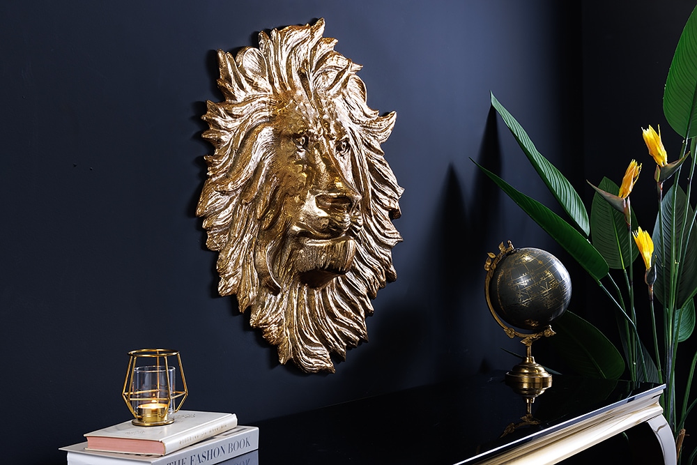 Goldene Wanddeko WILDLIFE LION 60cm gold Metall Löwenkopf-Skulptur handmade