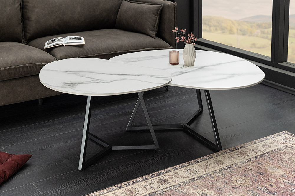 Design Couchtisch MARVELOUS 70cm weiß Marmor Keramik schwarzes Metall