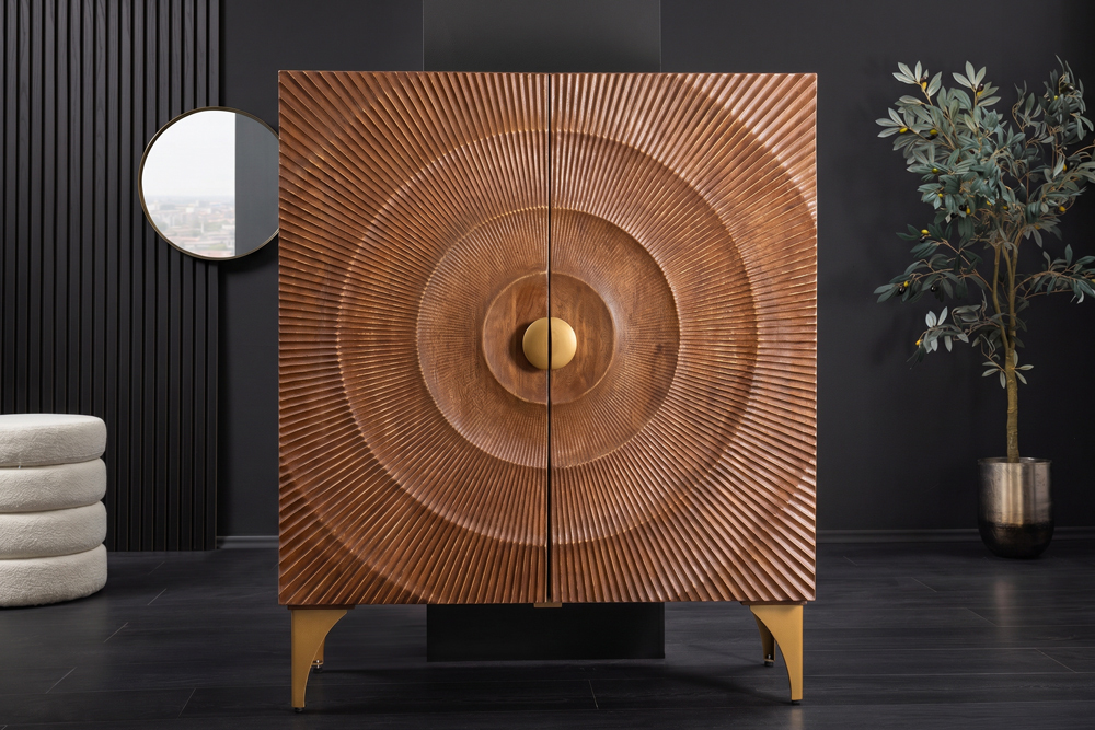 Massives Highboard GOLDEN SUNSET 120cm braun gold Mangoholz mit 3D Schnitzereien