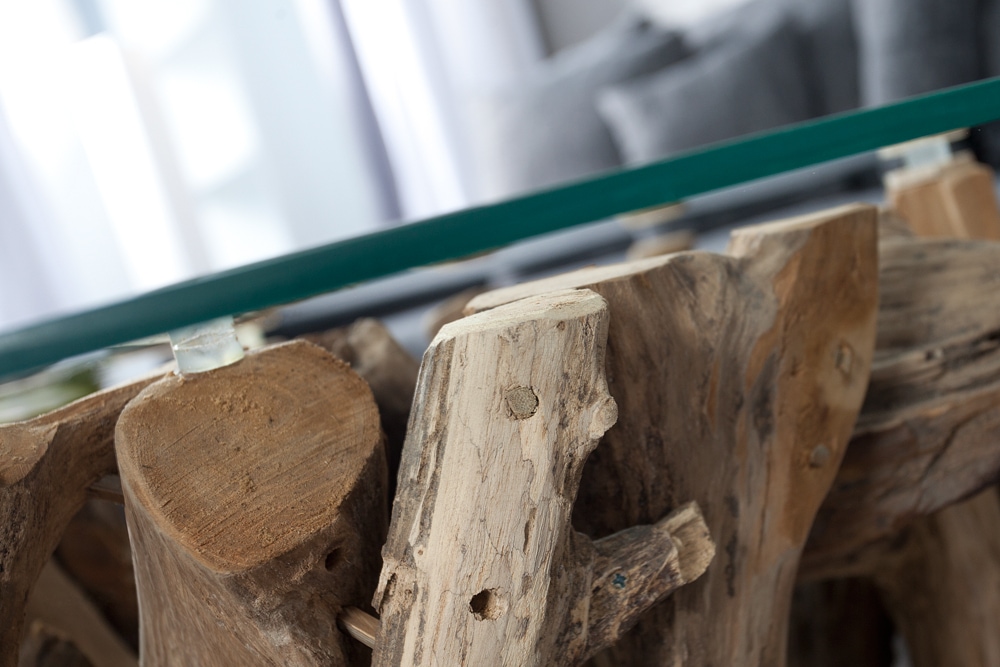 Design Couchtisch NATURE LOUNGE 60cm Teakholz mit runder Glasplatte Beistelltisch