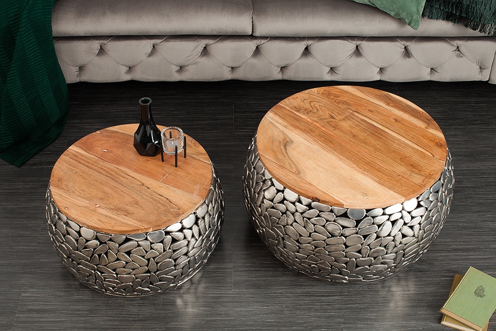 2er Set Runde Couchtische STONE MOSAIC 65cm silber Mangoholz Metall handmade Mosaik Design