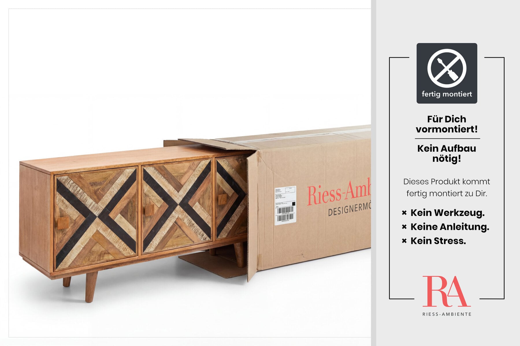 Elegantes Sideboard LONG ISLAND 160cm Mangoholz-Optik mit Retro Muster