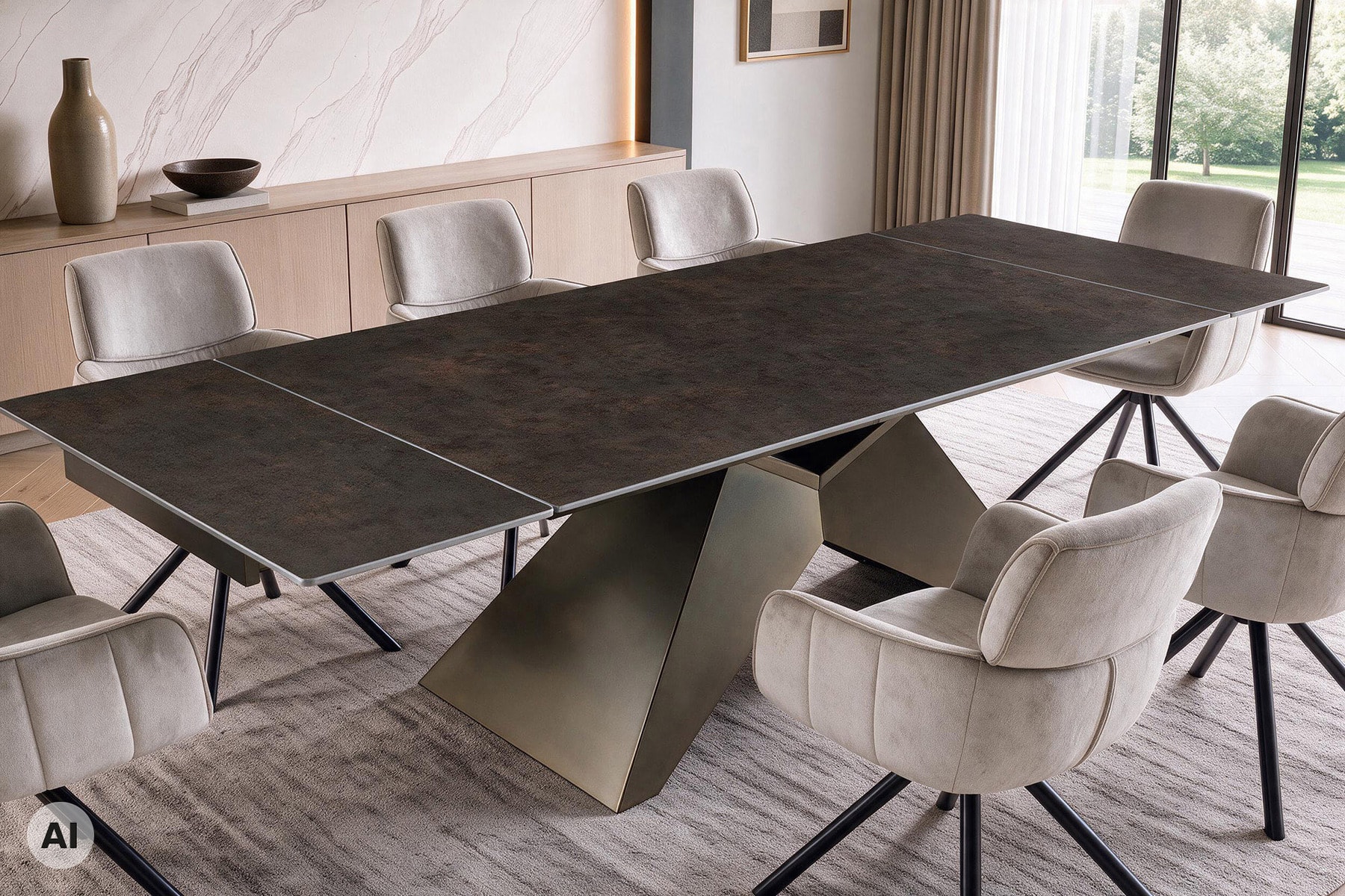 Design Esstisch DIAMOND 180-260cm rost Keramik Metallgestell bronze