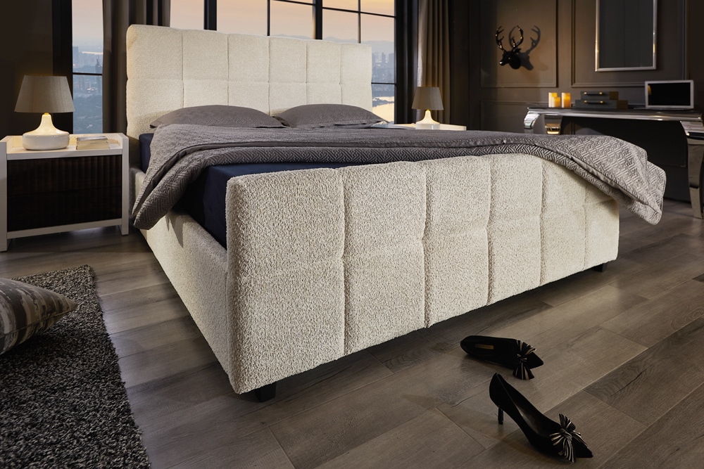 Modernes Boxbett PRESTIGE 180x200cm creme Bouclé mit Stauraum und Lattenrost