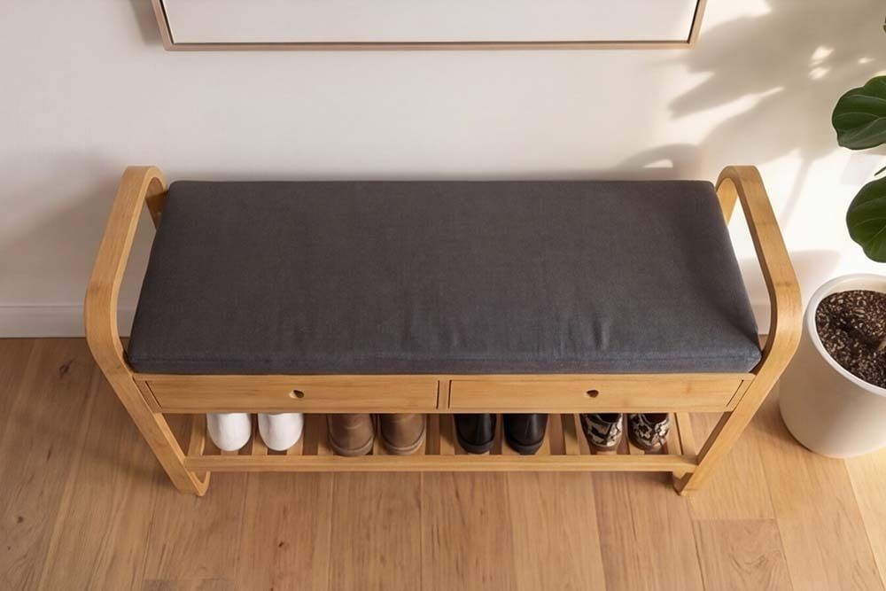 Stilvolle Schuhbank ZEN-BO 100cm natur grau Bambus Regal Sitzbank mit Schubladen