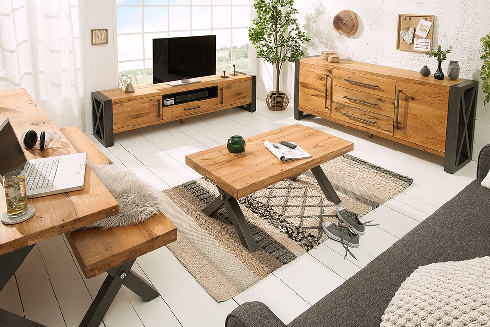 Massivholz Sideboard THOR 200cm mit Schubladen natur Wildeiche geölt Metall schwarz