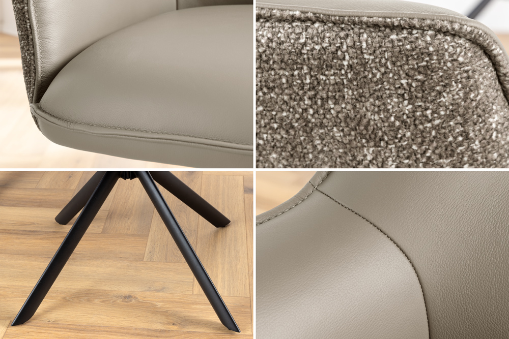 Drehbarer Stuhl LE GRAND taupe Echtleder Strukturstoff schwarzes Metallgestell