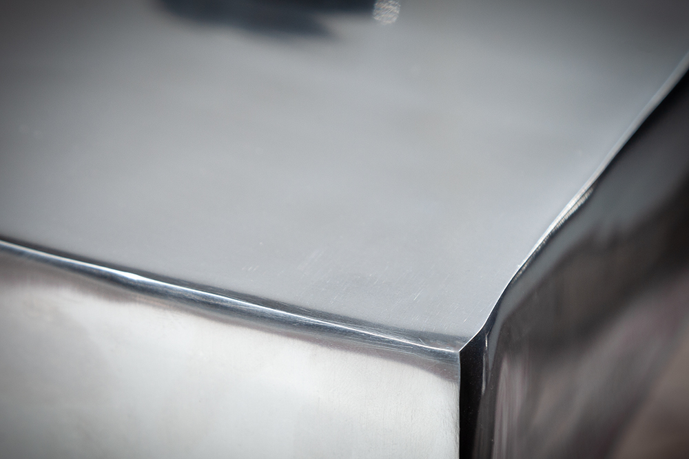 Skulp­tu­raler Beistelltisch TWIST 45cm silber Aluminium poliert Sitzhocker Modern Design