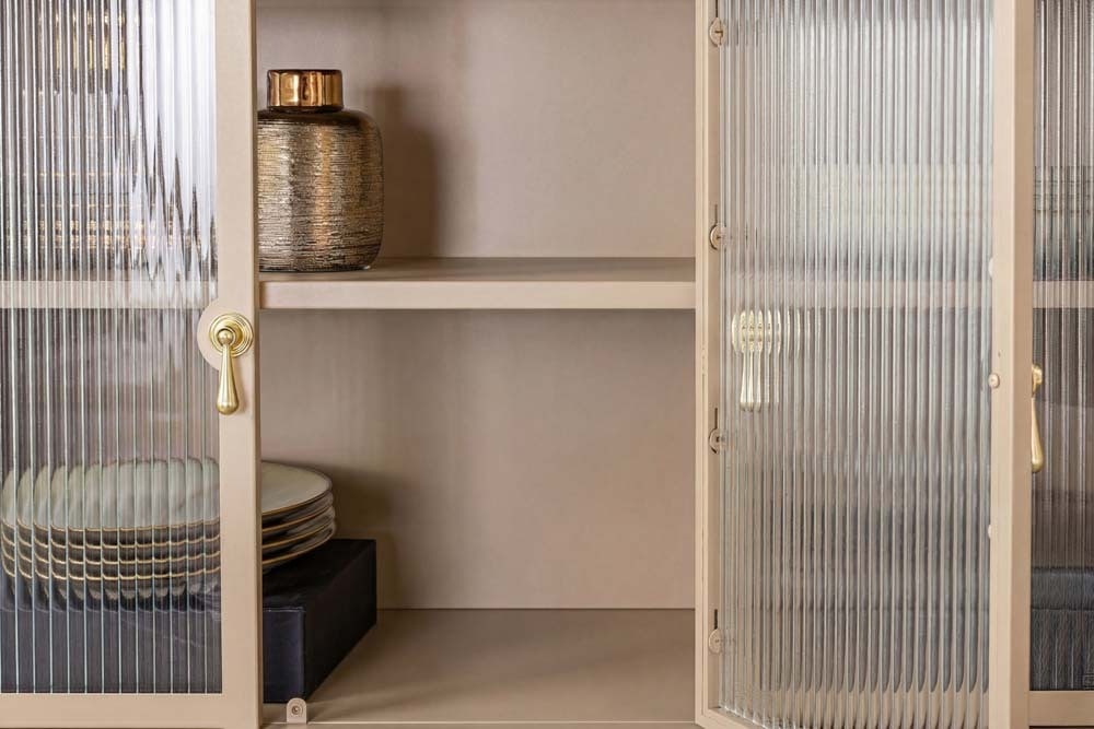 Modernes Sideboard AMSTERDAM 105cm greige gold Vitrine Schrank Riffelglas Metall