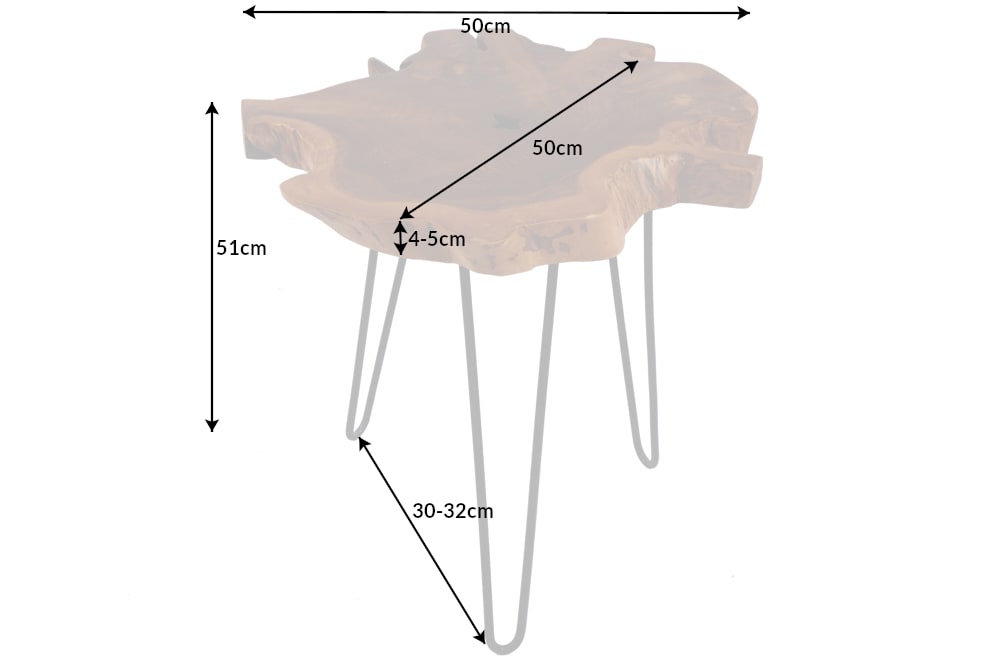 Einzigartiger Beistelltisch WILD 50cm Teak Massivholz Baumscheibe Metallbeine schwarz