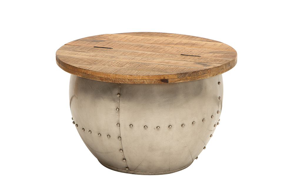 Runder Couchtisch DRUMP STORAGE 70cm natur silber Mangoholz mit Stauraum handmade Industrial