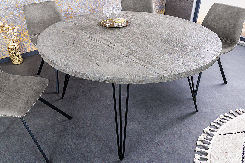 Runder Esstisch SCORPION 80cm grau Mangoholz massiv schwarze Metallbeine Hairpin Legs
