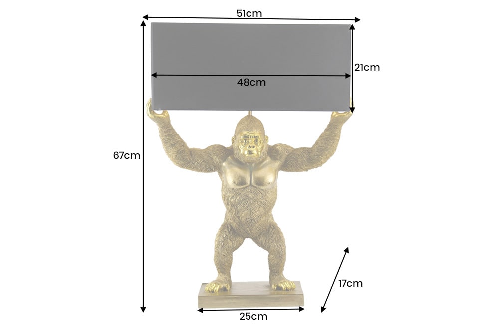 Handgefertigte Tischlampe KING APE 70cm schwarz gold Stoffschirm Affen-Skulptur