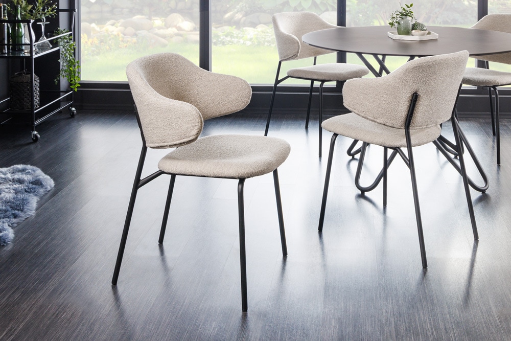 Design Stuhl VOGUE greige Bouclé schwarze Metallbeine