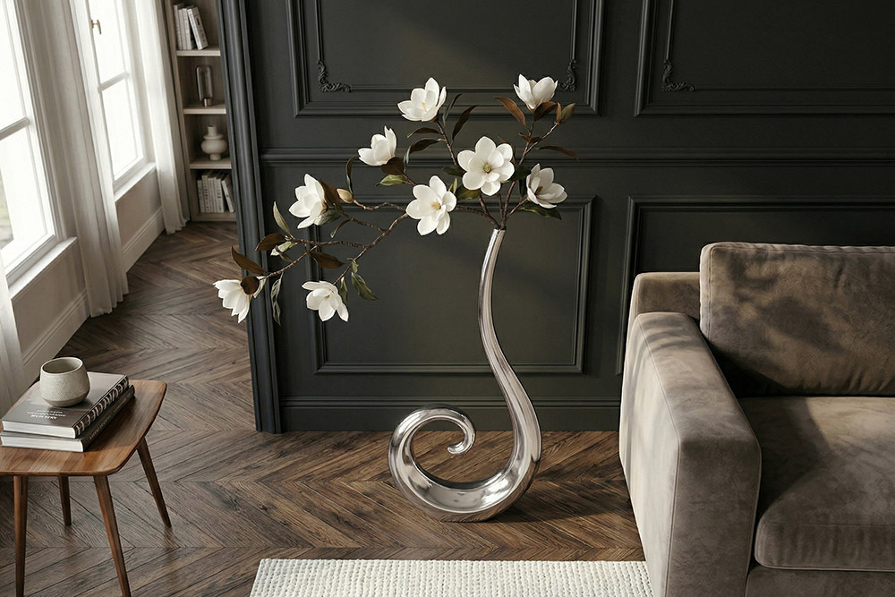 Moderne Vase WAVE XL 106cm silber Aluminium poliert Dekoration