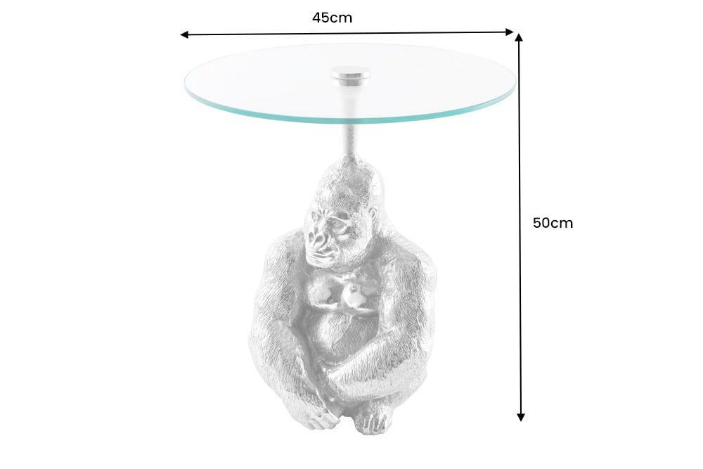Runder Beistelltisch KONG 50cm silber Metall Glas Affenfigur Gorilla Skulptur