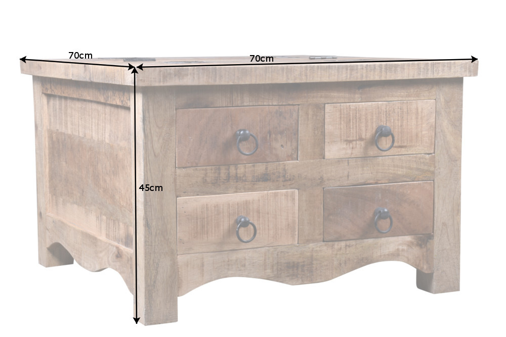 Massiver Couchtisch IRON CRAFT 70cm natur Holz Truhe mit Schubladen und Stauraum