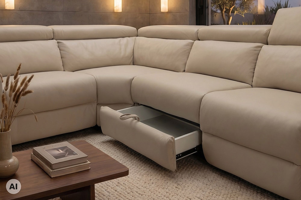 Multifunktionales Ecksofa PRIME 300cm beige Kunstleder Relaxfunktion Getränkehalter