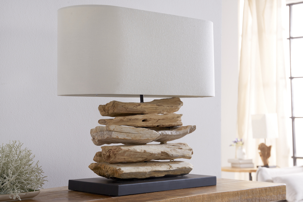 Handgearbeitete Treibholz Lampe RIVERINE 55cm creme Leinenschirm Tischleuchte
