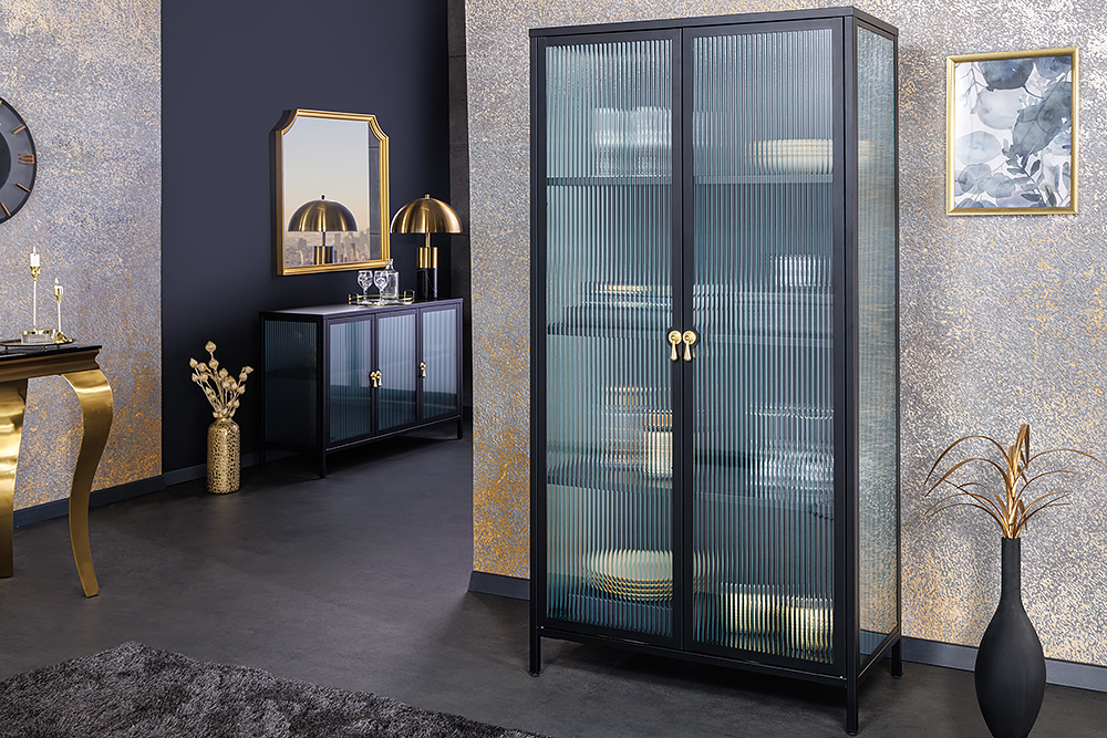 Moderne Vitrine AMSTERDAM 160cm schwarz gold Riffelglas Metall Highboard Schrank