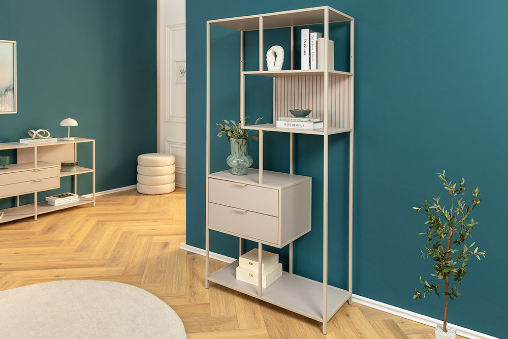 Modernes Bücherregal SLIM LINE 185cm champagner beige Metall mit Schubladen