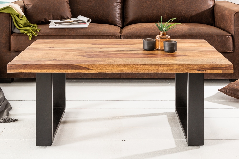 Massivholz Couchtisch IRON CRAFT 100cm braun Sheesham stone finish Industrial Design