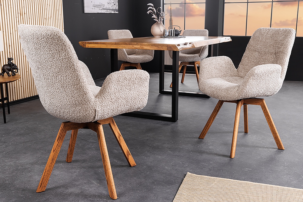Drehbarer Design Stuhl BALTIC beige Bouclé natur Eiche Massivholz-Beine mit Armlehne
