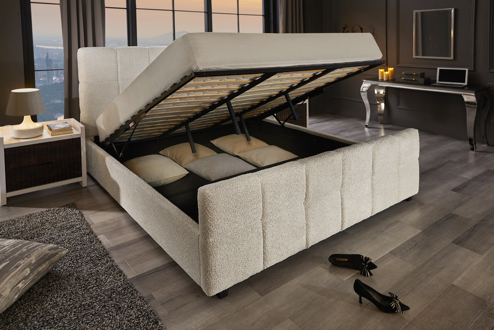 Modernes Boxbett PRESTIGE 180x200cm creme Bouclé mit Stauraum und Lattenrost