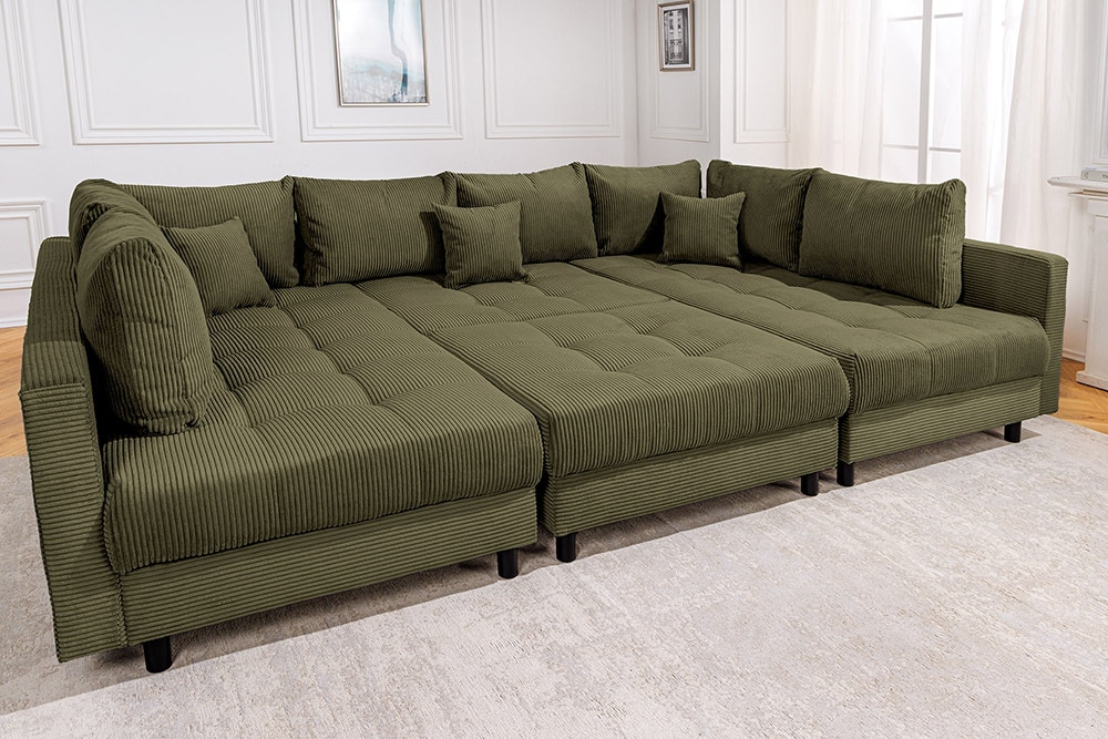 Moderne XXL Wohnlandschaft KENT 305cm grün Cord Bigsofa inkl. Hocker Federkern