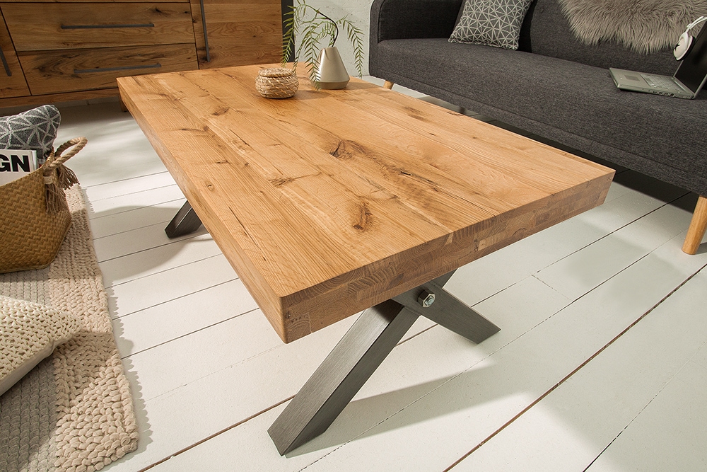 Massivholz Couchtisch THOR 110cm Wildeiche geölt X-Gestell Metall anthrazit Industrial Design