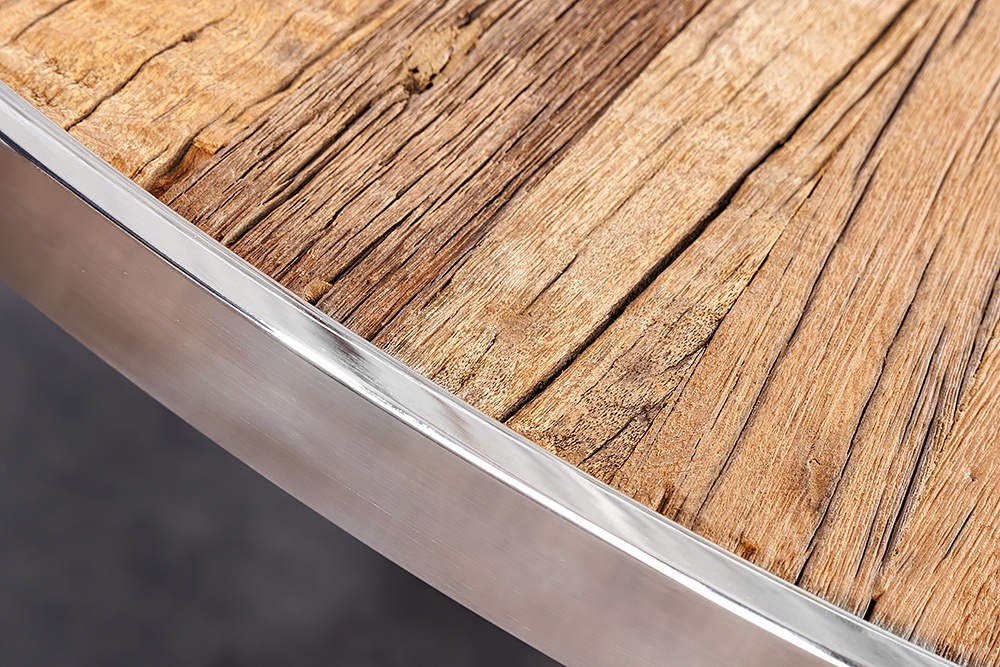 Runder Esstisch BARRACUDA 120cm braun Teak Massivholz Glasplatte silber Edelstahl verchromt