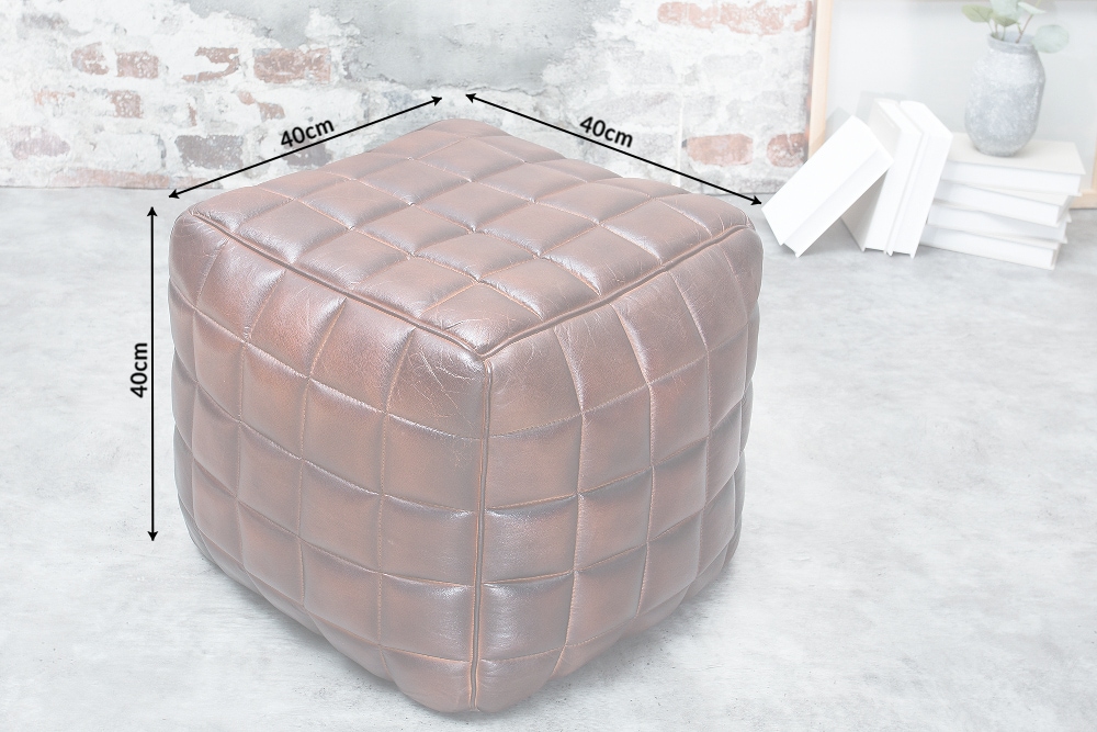 Retro Hocker RIDER 40cm braun Echtleder mit Ziersteppung