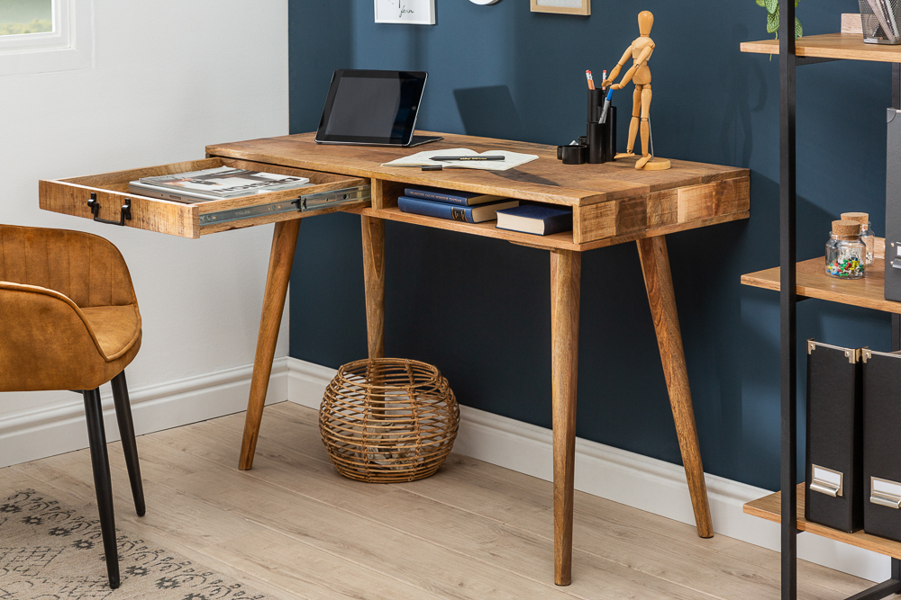 Massiver Schreibtisch RETRO 120cm Mangoholz Bürotisch mit Schublade