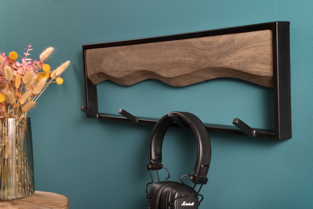 Massive Wandgarderobe AMAZONAS 60cm Mangoholz Metall schwarz mit 4 Kleiderhaken