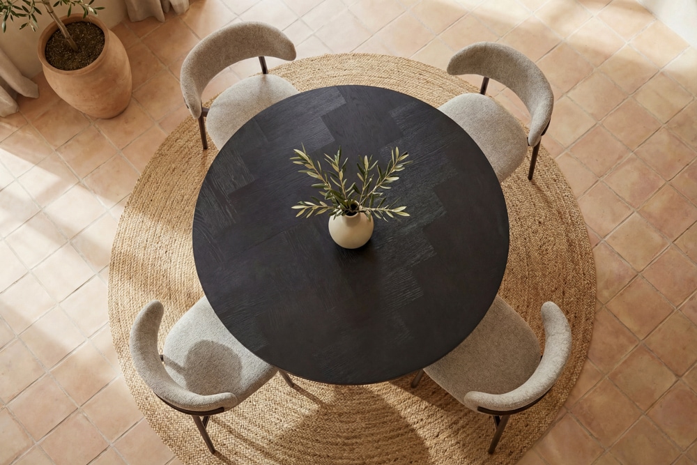 Design Esstisch BABYLON 120cm schwarz Fischgrät Eiche rund mit drei Säulenfüßen