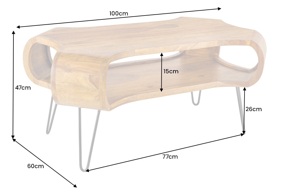 Massivholz Couchtisch ORGANIC LIVING 100cm braun Sheesham stone finish Hairpin Legs