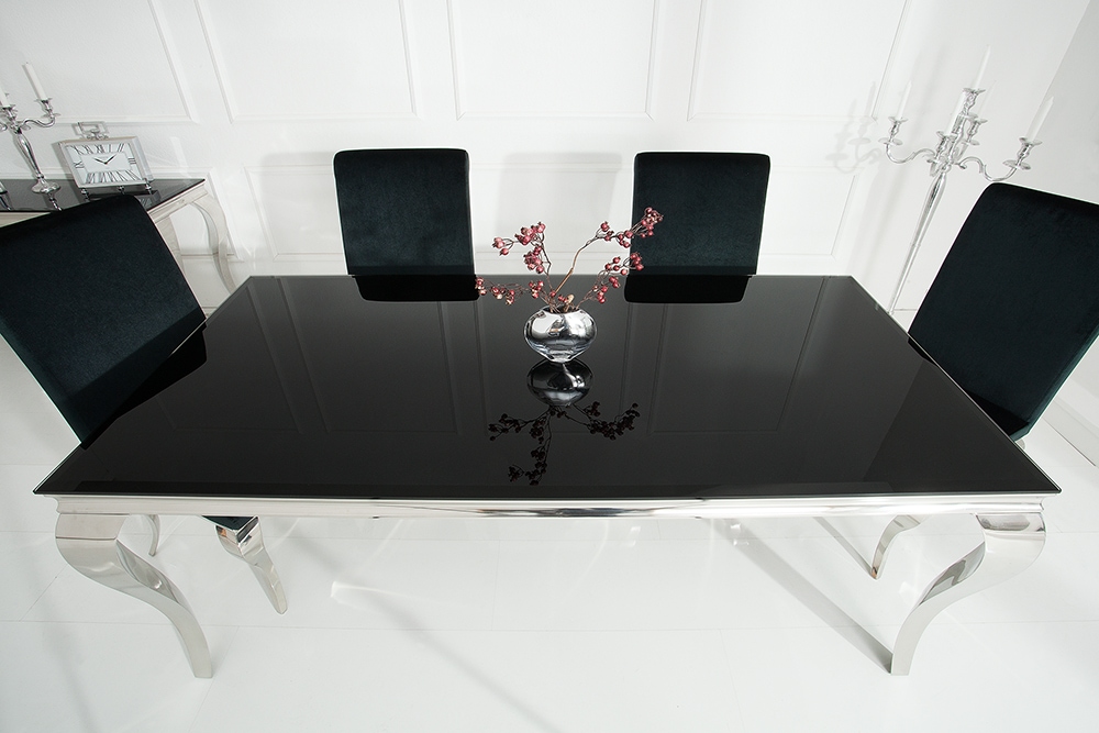 Eleganter Design Esstisch MODERN BAROCK 200cm schwarz Opalglas Tischplatte Edelstahl
