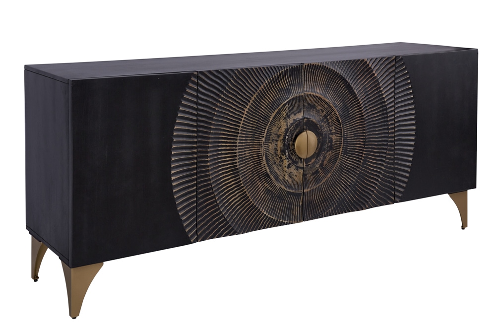 Handgearbeitetes Sideboard GOLDEN SUNSET 180cm schwarz mit 3D Schnitzereien gold Mangoholz Metallbeine