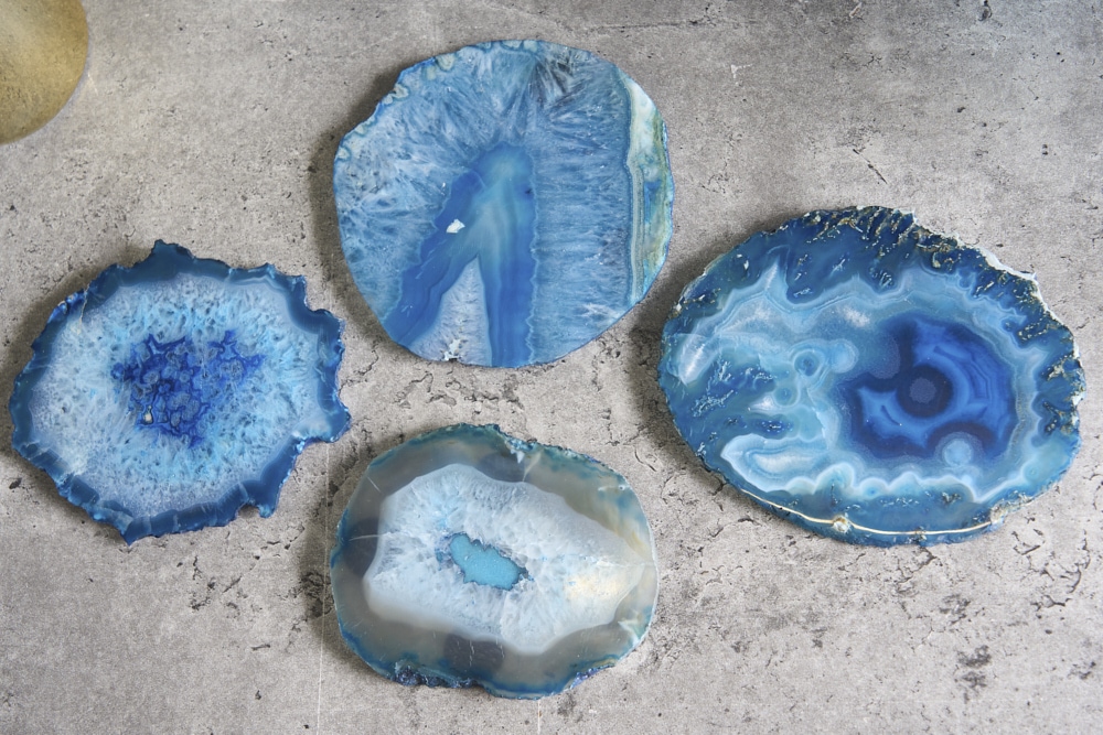 4er Set Untersetzer für Gläser COASTER 10cm blau Edelstein Achat Quarz handmade