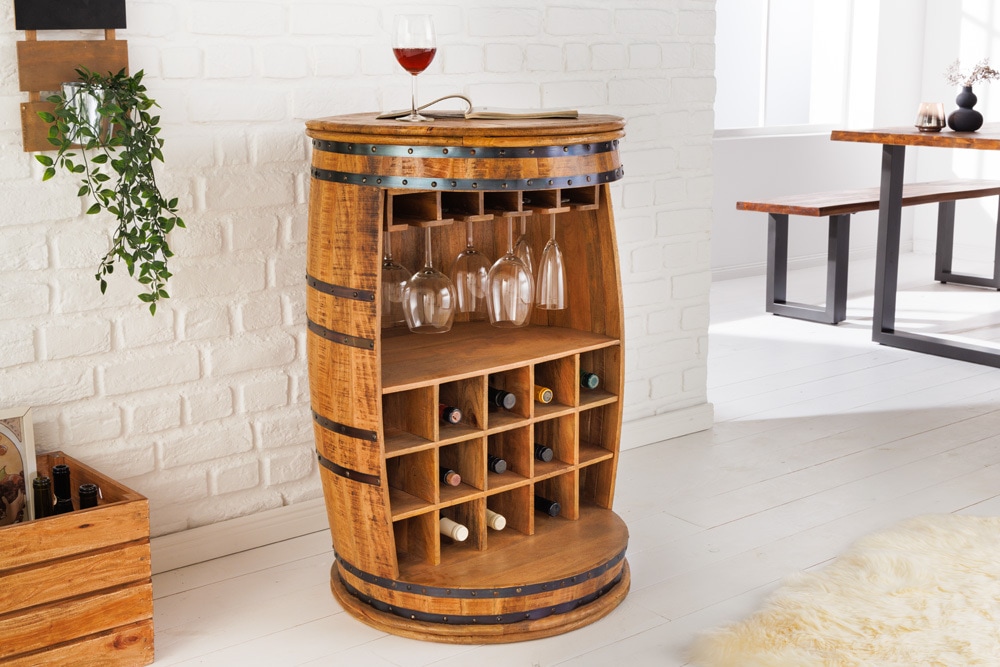 Vintage Weinregal BODEGA 90cm natur Mangoholz Barschrank Fass für 15 Flaschen